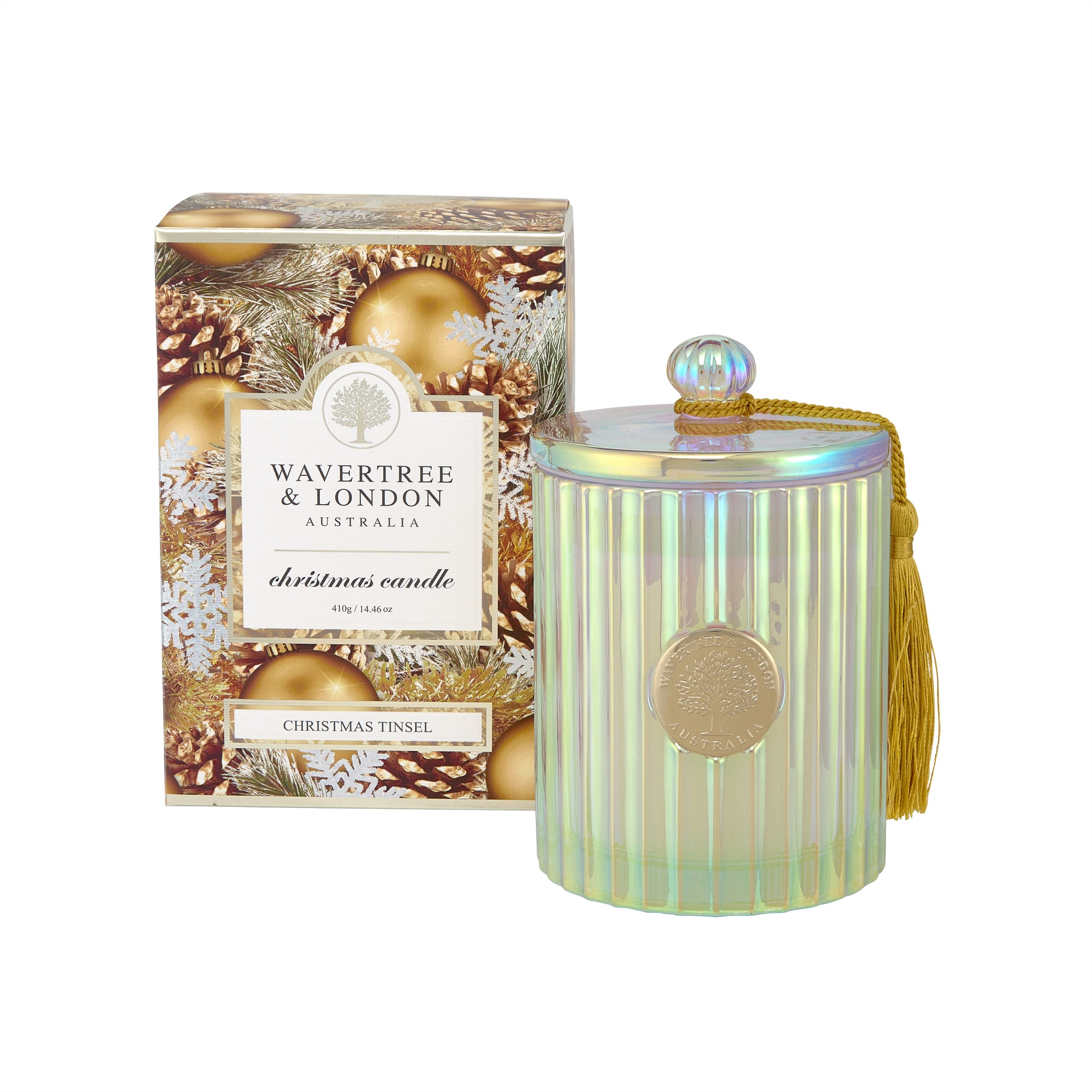 Christmas Tinsel Candle 410g x 6 Carton AVAILABLE 15/09